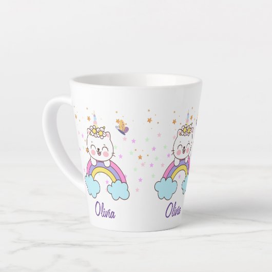 Mooie Eenhoorn Kat Regenboog Sterren Kinderverjaar Latte Mok (Linkerhoek)