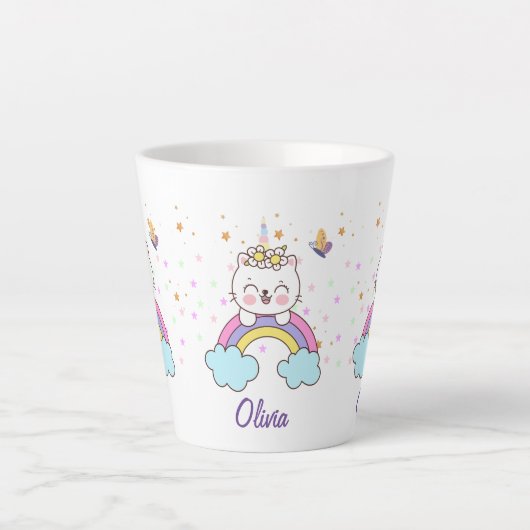 Mooie Eenhoorn Kat Regenboog Sterren Kinderverjaar Latte Mok (Voorkant)