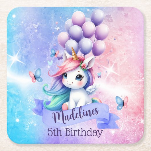 Mooie Eenhoorn met Ballonnen Papier Onderzetters (Voorkant)