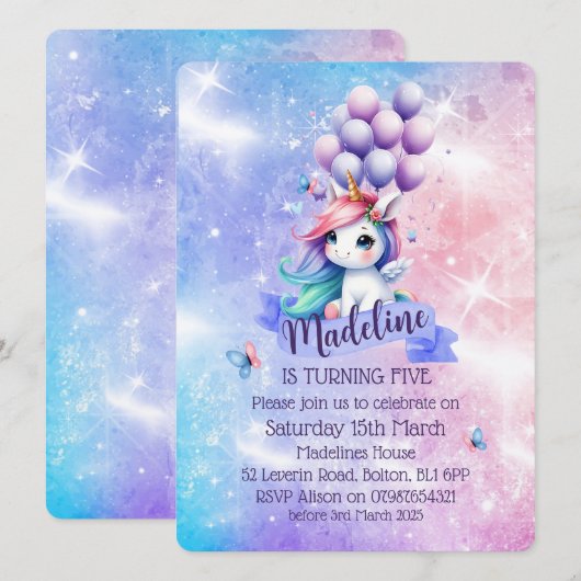 Mooie Eenhoorn met Ballonnen Thema Uitnodigingen (Voorkant / Achterkant)