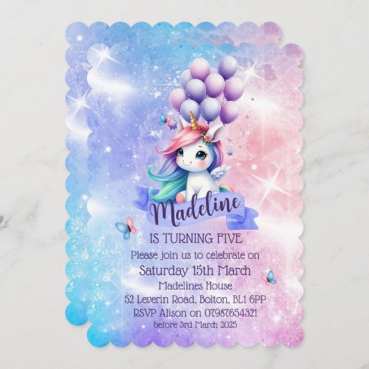 Mooie Eenhoorn met Ballonnen Thema Uitnodigingen (Voorkant / Achterkant)