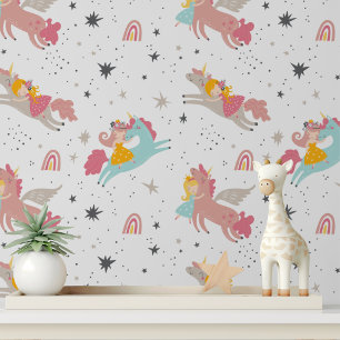Mooie Eenhoorn Regenboog Sterren Meisjes Nursery B Behang