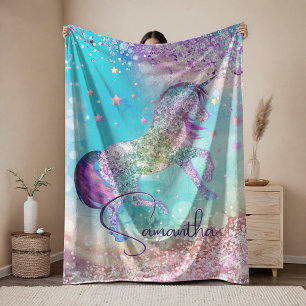 Mooie eenhoorn roze Glitter regenboog aqua monogra Fleece Deken