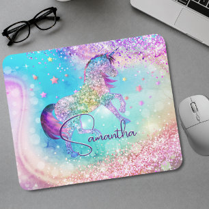 Mooie eenhoorn roze Glitter regenboog aqua monogra Muismat