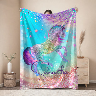 Mooie eenhoorn roze Glitter regenboog aqua monogra Sherpa Deken