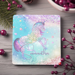 Mooie eenhoorn roze Glitter regenboog aqua monogra Stenen Onderzetter