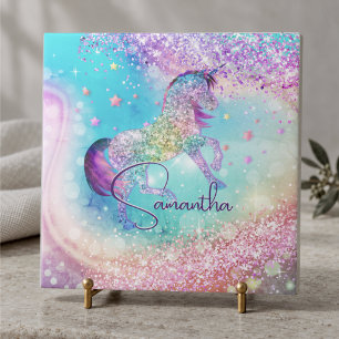 Mooie eenhoorn roze Glitter regenboog aqua monogra Tegeltje