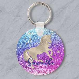 Mooie eenhoorn roze Glitter regenboog gouden monog Sleutelhanger