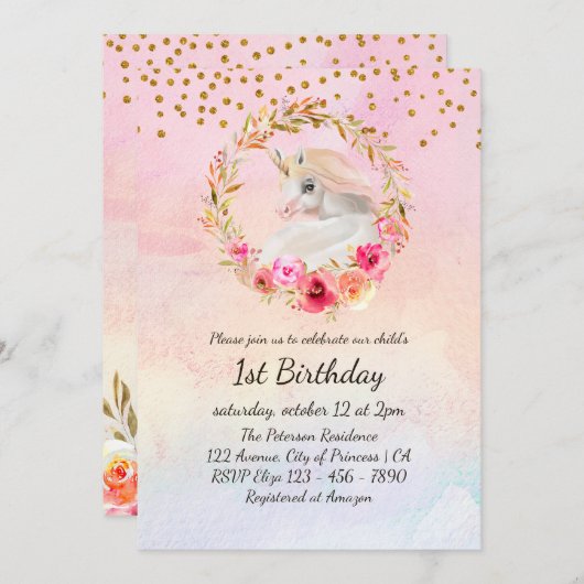 Mooie Eenhoorn Waterverf Bloemen 1e Verjaardag I Kaart (Voorkant / Achterkant)