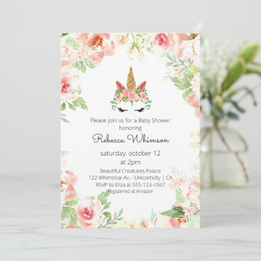 Mooie Eenhoorn Waterverf Bloemen Baby shower Kaart (Staand voorkant)