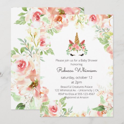 Mooie Eenhoorn Waterverf Bloemen Baby shower Kaart (Voorkant / Achterkant)