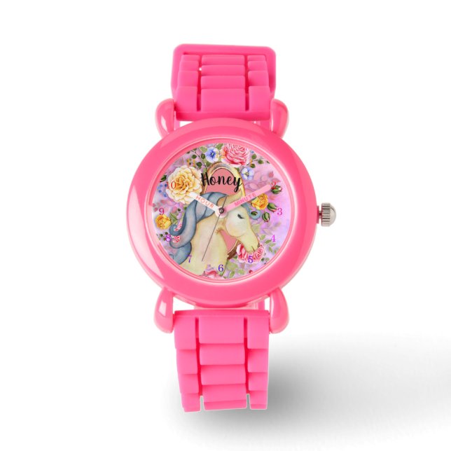 Mooie Eenhoornrozen Vernoemde Meisjes Horloge Roze (Voorkant)