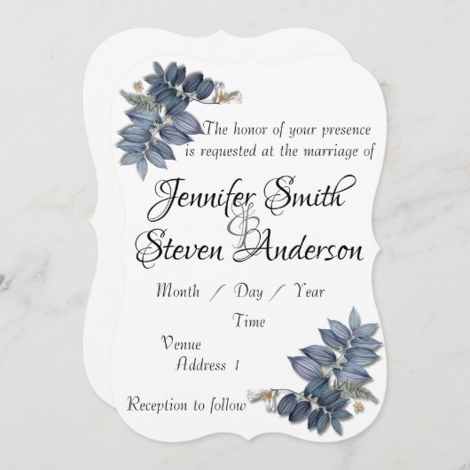 Mooie eenvoudige blauwe bladeren bruiloft kaart (Voorkant / Achterkant)