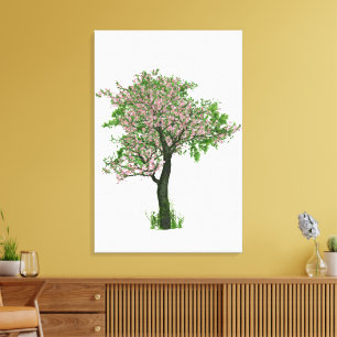 Mooie eenzame boom met kleine roze bloemen canvas afdruk