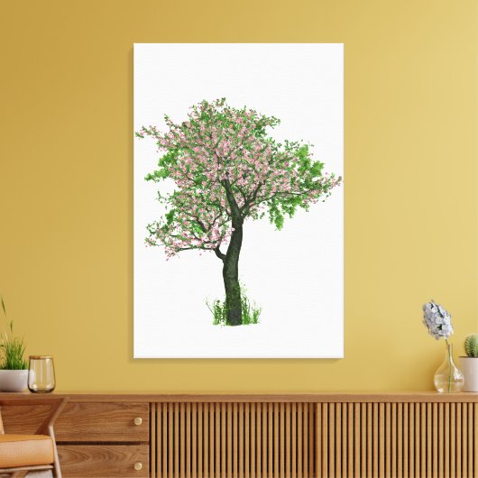 Mooie eenzame boom met kleine roze bloemen canvas afdruk (Insitu (Woonkamer))