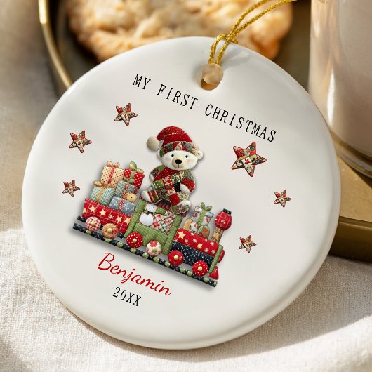 Mooie eerste baby kerst patchwork beer trein keramisch ornament