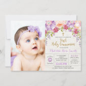 Mooie Eerste Heilige Communie Paars Goud Bloem Kaart (Voorkant)