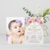 Mooie Eerste Heilige Communie Paars Goud Bloem Kaart (Staand voorkant)