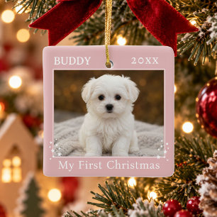 Mooie eerste kerst hond foto keramisch ornament