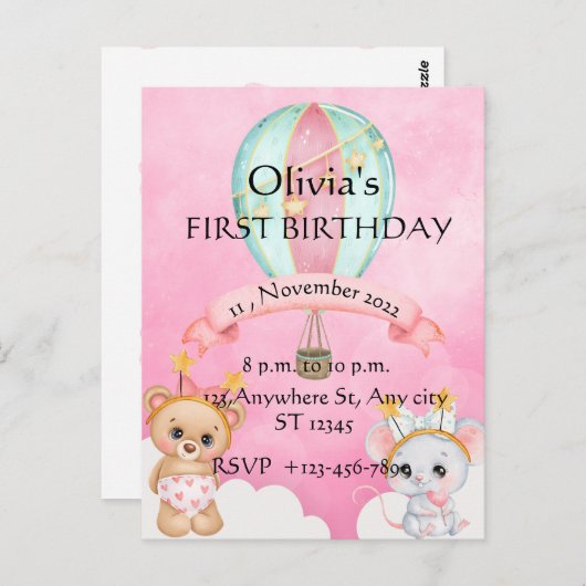 Mooie eerste verjaardagsuitnodiging  briefkaart (Voorkant / Achterkant)