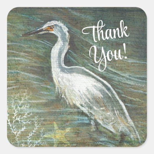 Mooie Egret Shorebird Wading Art bedankt Vierkante Sticker (Voorkant)
