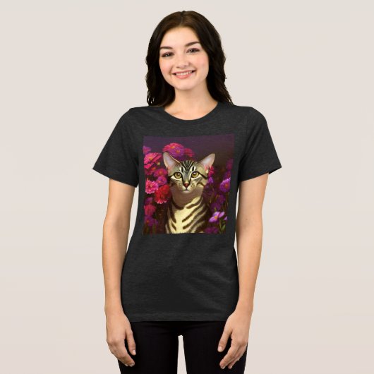 Mooie Egyptische Mau Cat in een nachttuin Tri-Blend Shirt (Voorkant volledig)