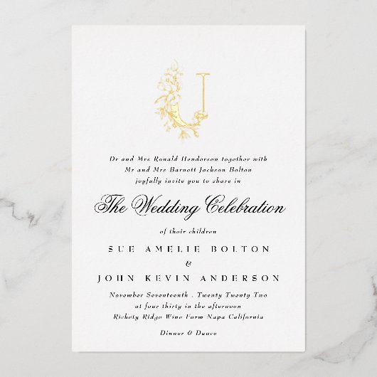 Mooie Elegant Floral GOLD Monogram Weddenschap Folie Uitnodiging (Voorkant)