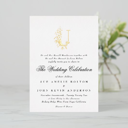 Mooie Elegant Floral GOLD Monogram Weddenschap Folie Uitnodiging (Staand Voorkant)