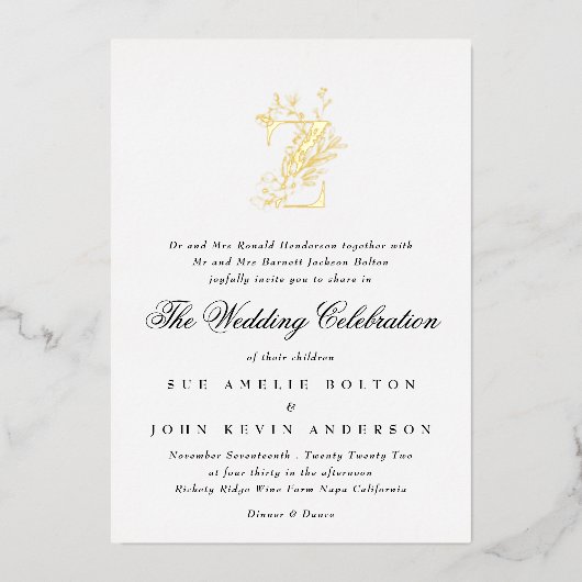 Mooie Elegant Floral GOLD Monogram Weddenschap Folie Uitnodiging (Voorkant)