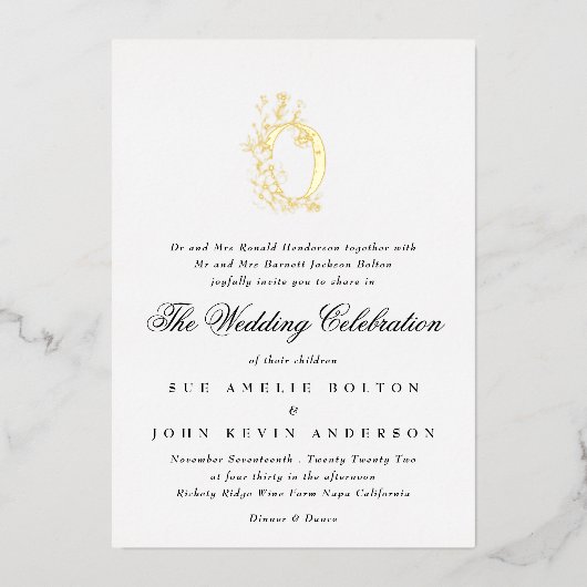 Mooie Elegant Floral GOLD Monogram Weddenschap Folie Uitnodiging (Voorkant)