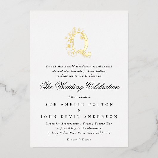 Mooie Elegant Floral GOLD Monogram Weddenschap Folie Uitnodiging (Voorkant)