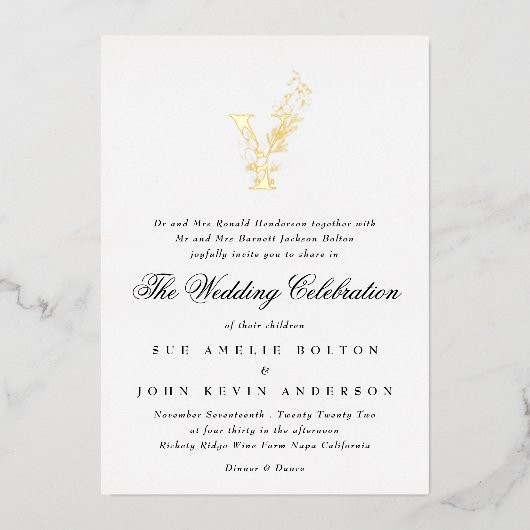 Mooie Elegant Floral GOLD Monogram Weddenschap Folie Uitnodiging (Voorkant)