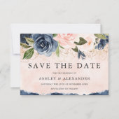 Mooie Elegant Navy Floral Gold Blush Save The Date (Voorkant)