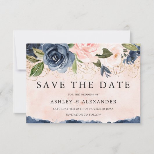 Mooie Elegant Navy Floral Gold Blush Save The Date (Voorkant)