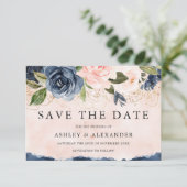 Mooie Elegant Navy Floral Gold Blush Save The Date (Staand voorkant)