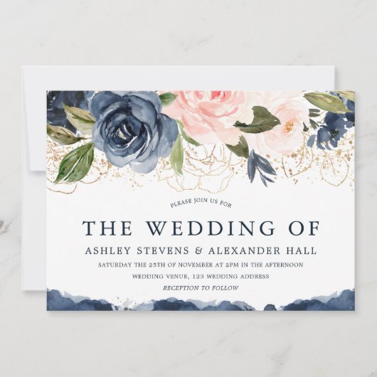 Mooie Elegant Navy Floral Gold Blush Wedding Kaart (Voorkant)