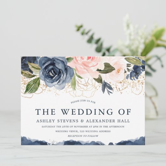 Mooie Elegant Navy Floral Gold Blush Wedding Kaart (Staand voorkant)