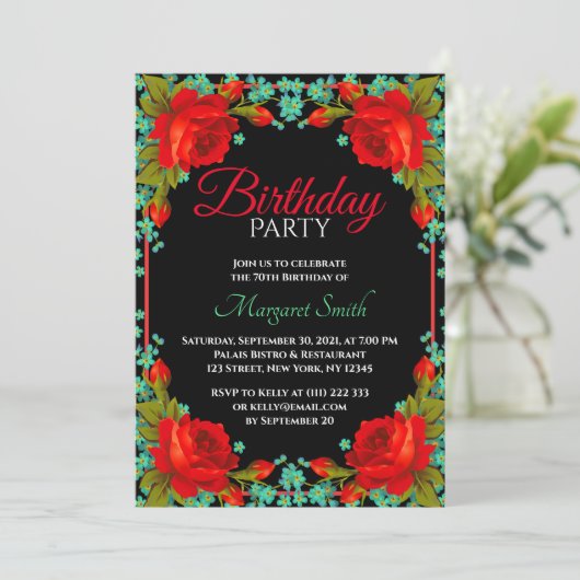 Mooie Elegant Red Roses Birthday Party nodigt uit Kaart (Staand voorkant)
