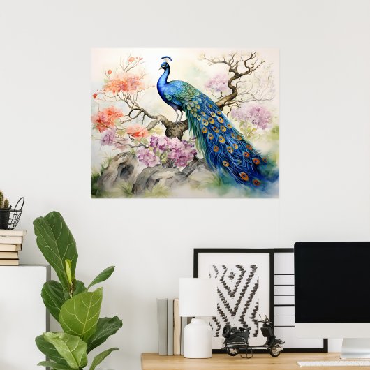 Mooie Elegante Blauwe Groene Peacock Fine Art Poster (Thuiskantoor)