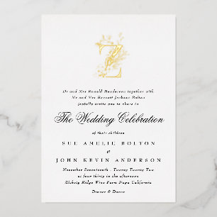 Mooie Elegante Bloemige Gouden Monogram Bruiloft Folie Uitnodiging