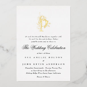 Mooie Elegante Bloemige Gouden Monogram Bruiloft Folie Uitnodiging
