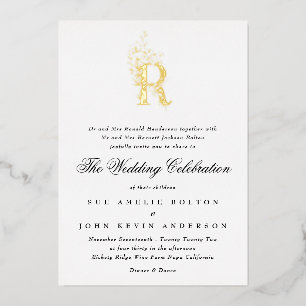 Mooie Elegante Bloemige Gouden Monogram Bruiloft Folie Uitnodiging