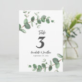 Mooie elegante eucalyptusloof bruiloftstafel kaart (Staand voorkant)