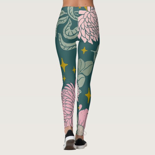 Mooie elegante florale Turquoise en roze Leggings (Achterkant)