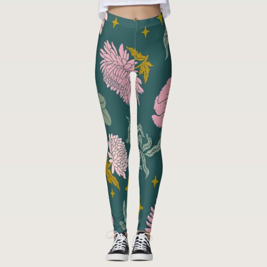 Mooie elegante florale Turquoise en roze Leggings (Voorkant)