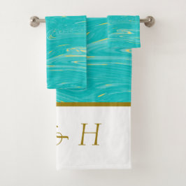 Mooie elegante moderne marmer Blue Monogrammen Bad Handdoek