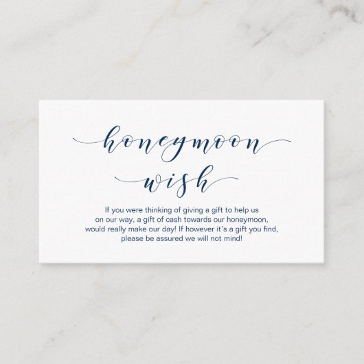 Mooie Elegante, Navy Blue script Honeymoon Wish Informatiekaartje (Voorkant)