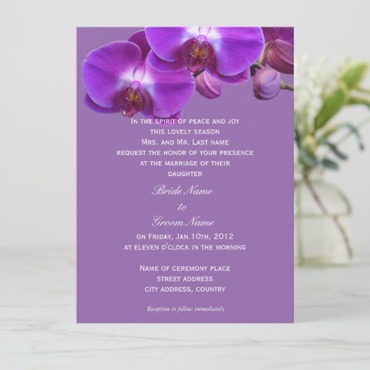 Mooie, elegante, paarse orchidee bloemen bruiloft kaart (Staand voorkant)