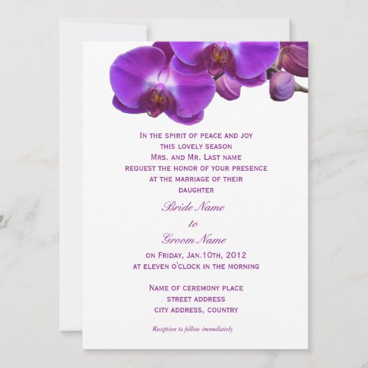 Mooie, elegante, paarse orchidee bloemen bruiloft kaart (Voorkant)