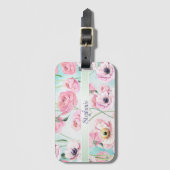 Mooie Elegante Roze Bloemen Rozen Monogram met Bagagelabel (Voorkant (verticaal))